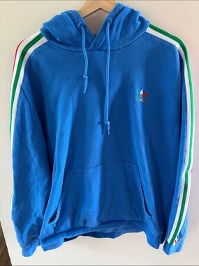 adidas Blue Hooded Sweatshirt with Red-Green-White Stripe Accents